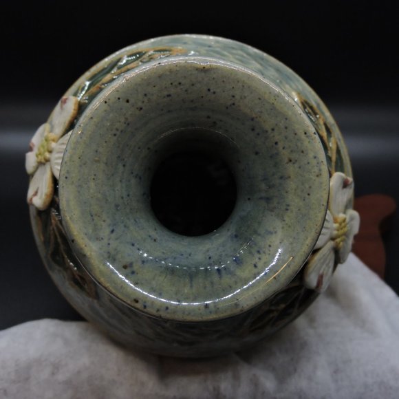 Stoneware Banded Glaze Magnolia Flower Vase Signed - Picture 9 of 15